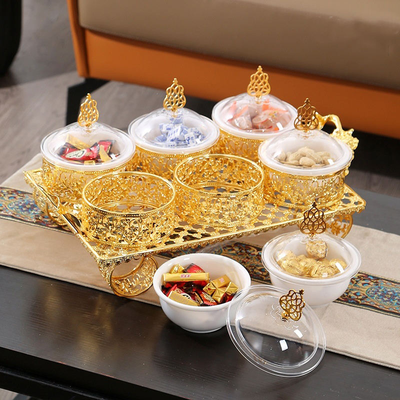 Kitchen Utensils Gold Plated Iron Tray with Plastic Bowl Set Candy Tray