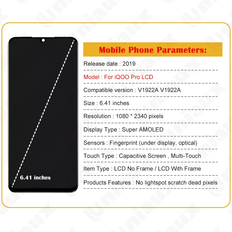 6.41" Original Amoled for Iq PRO LCD Display Touch Screen Digitizer Assembly for Iq PRO LCD Support Fingerprint Mobile Phone Smart Phone