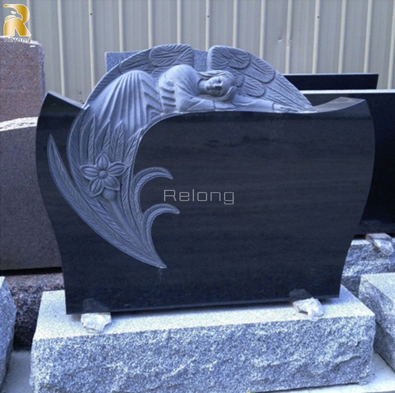 European Style Black Heart Granite Double Headstones with Carved Angel Statue