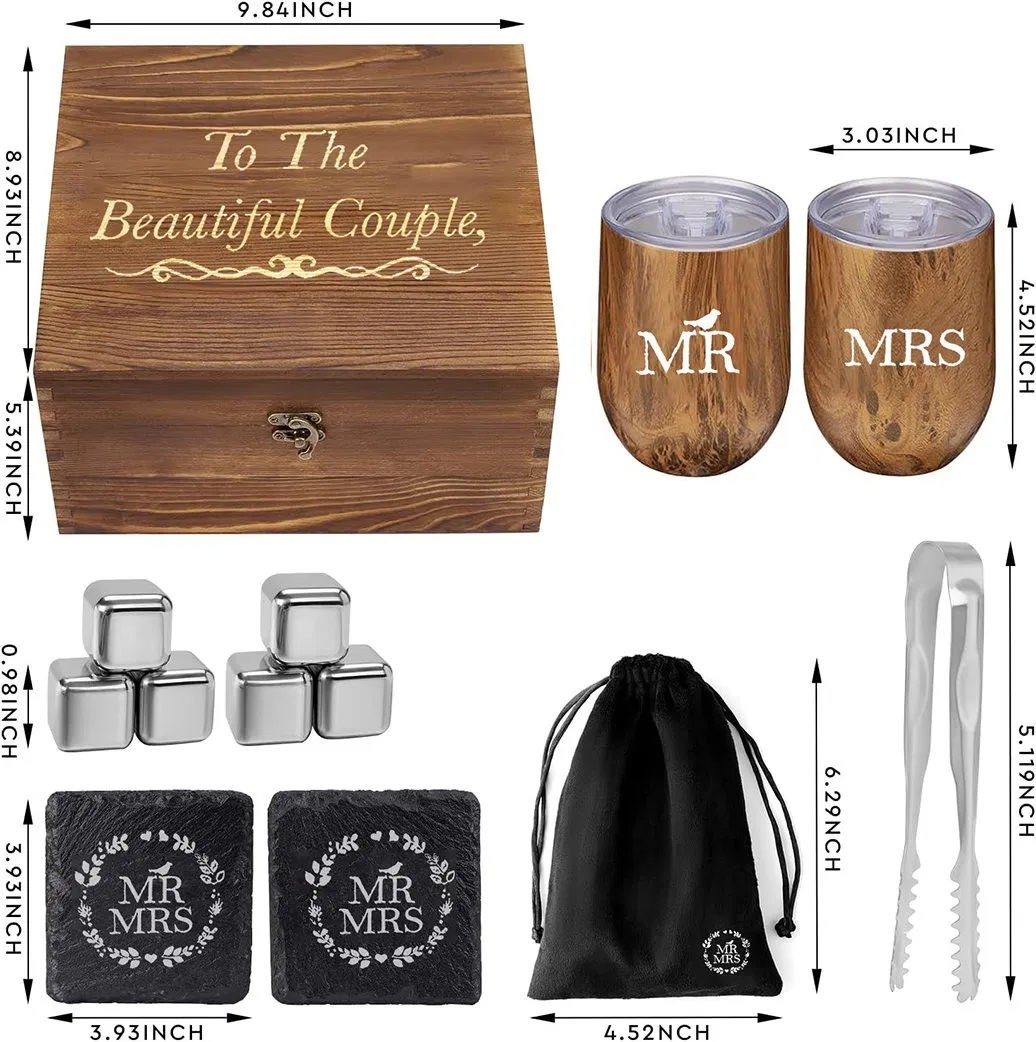 Unique Mr and Mrs Wine Tumbler Slate Coasters Whikey Stone Engagement Gifts Set for Couples Romantic Wedding Gifts