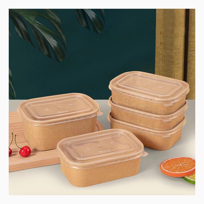 Custom Logo Printed Rectangle Food Packing Kraft Containers Square Round Food Grade Greaseproof Salad Fruit Dessert Sushi Takeaway Paper Bowl