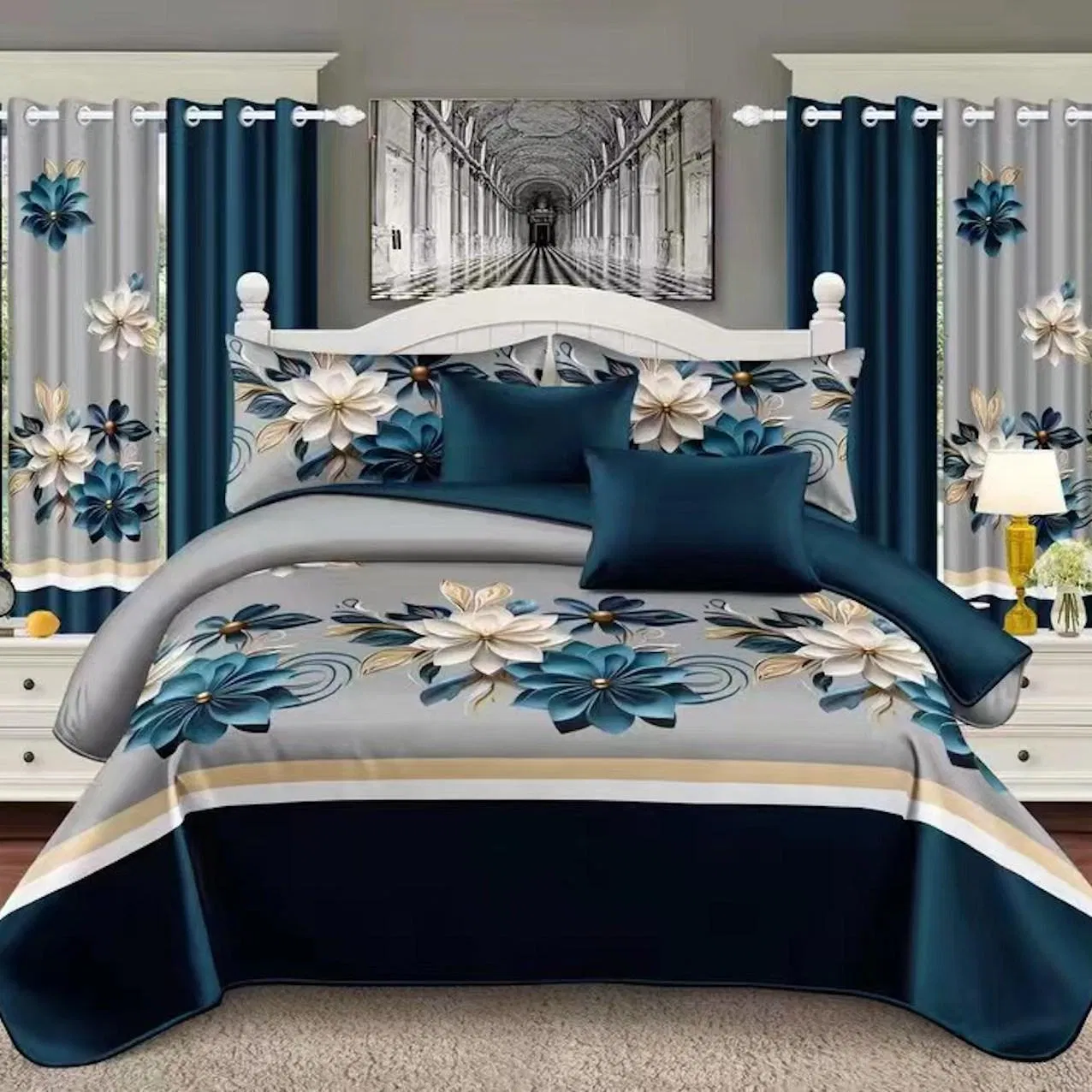 Grey Floral Printing Polyester Bed Cover Curtains Pillowcases 11PCS Bedding Set Microfiber Home Hotel Textile ODM/OEM Plant Quilted Bed Sheets Bedspread