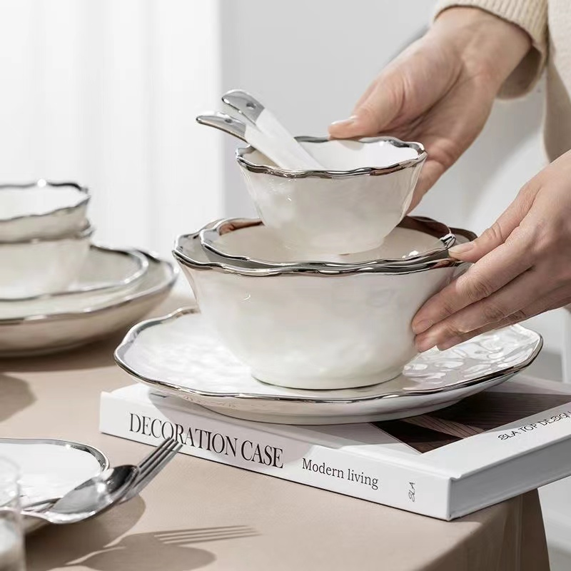 Luxury White Ceramic Dinnerware Set Featuring Silver Accents