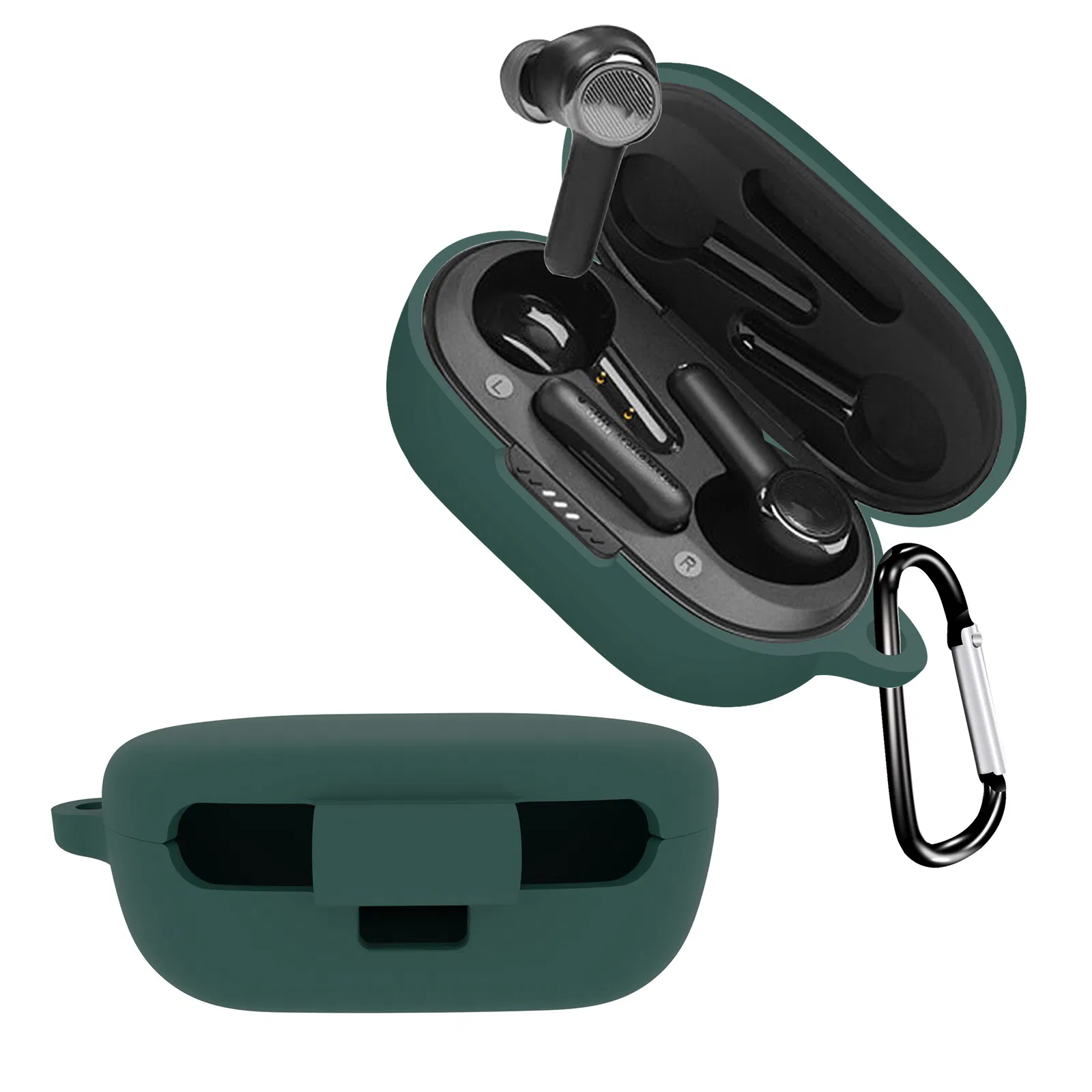 for Jbl Quantum Tws Bluetooth Earphones Scratch Proof Silicone Case Protective Cover with Anti-Lost Buckle - Midnight Green