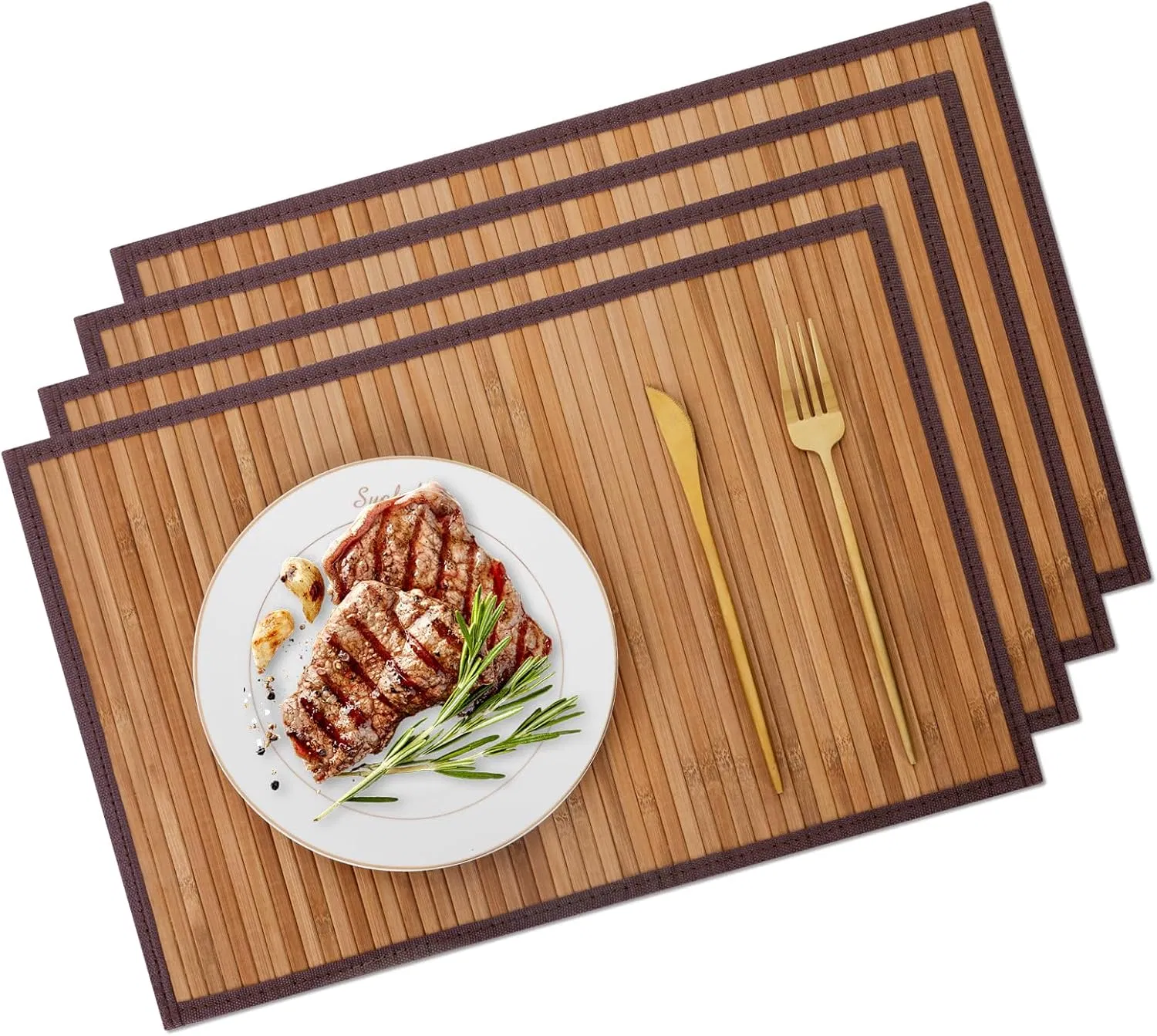 Natural Bamboo Table Matrectangular with Cloth Edge, Rollable Placemat for Dining