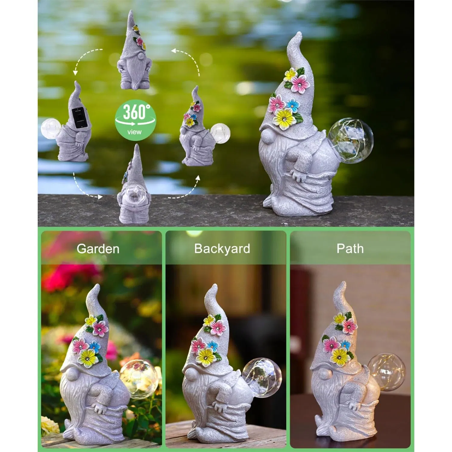 Solar Funny Garden Gnome Statue Outdoor Lights for Clawn Porch Balcony