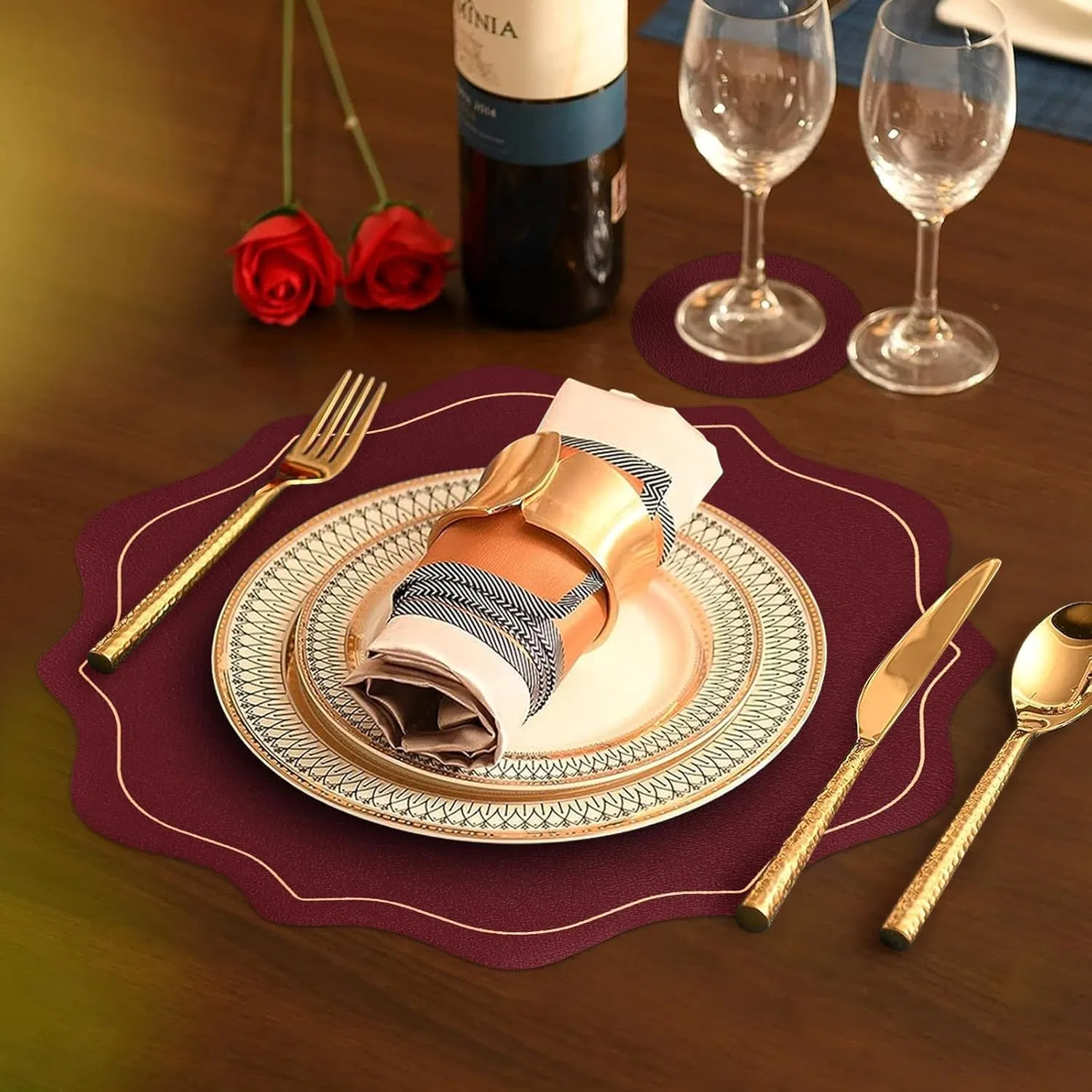 Set of 4 Christmas Round Vinyl Placemats with Coasters 12" Scalloped Antique Red Faux Leather Placemats Waterproof Placemat Wipeable Heat Resistant for 7-10" Pl