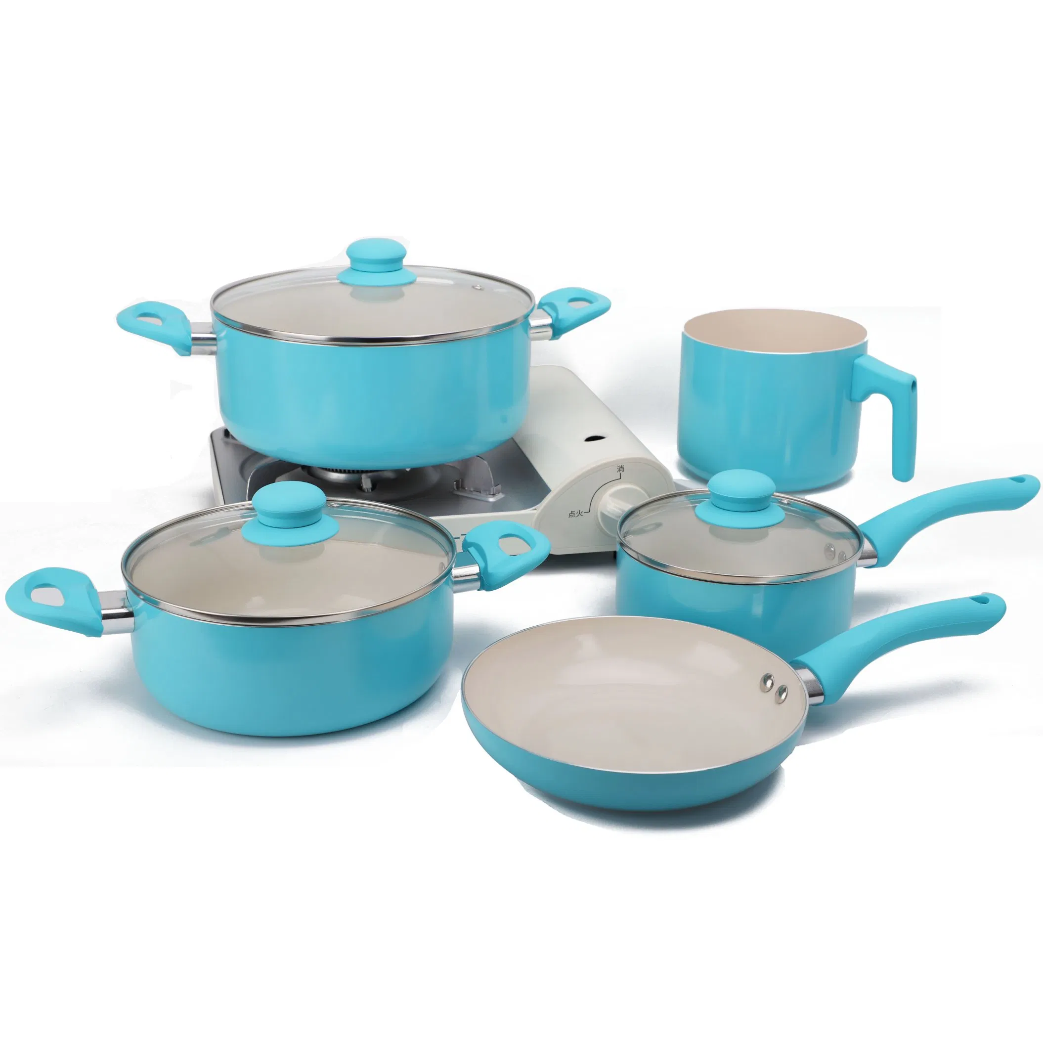 Best-Selling 8-Piece Aluminum Non-Stick Cookware Set Blue Ceramic Cooking Pots Pans with Glass Lid