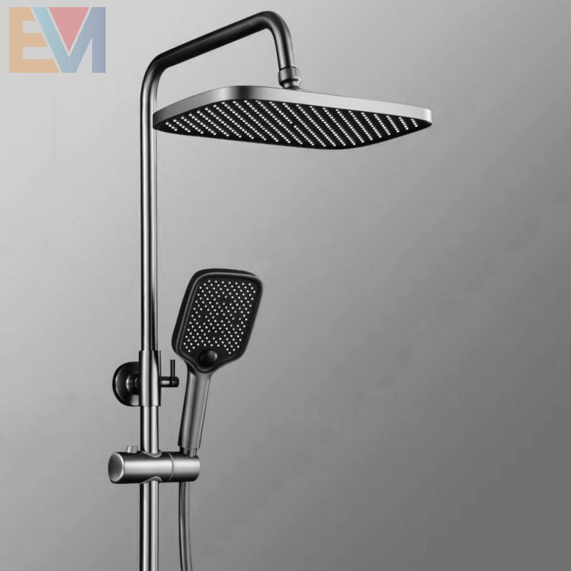 Brass Shower System Gun Gray LED Digital Display Bathroom Shower Faucet Piano Keys Bathtub Rain Shower Set
