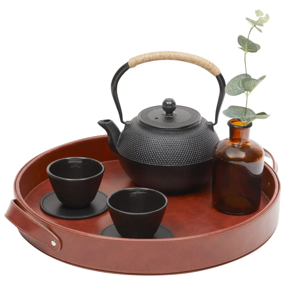 Home Table Top Organizer Decorative Hotel Coffee Trays PU Leather Round Serving Tray with Handles