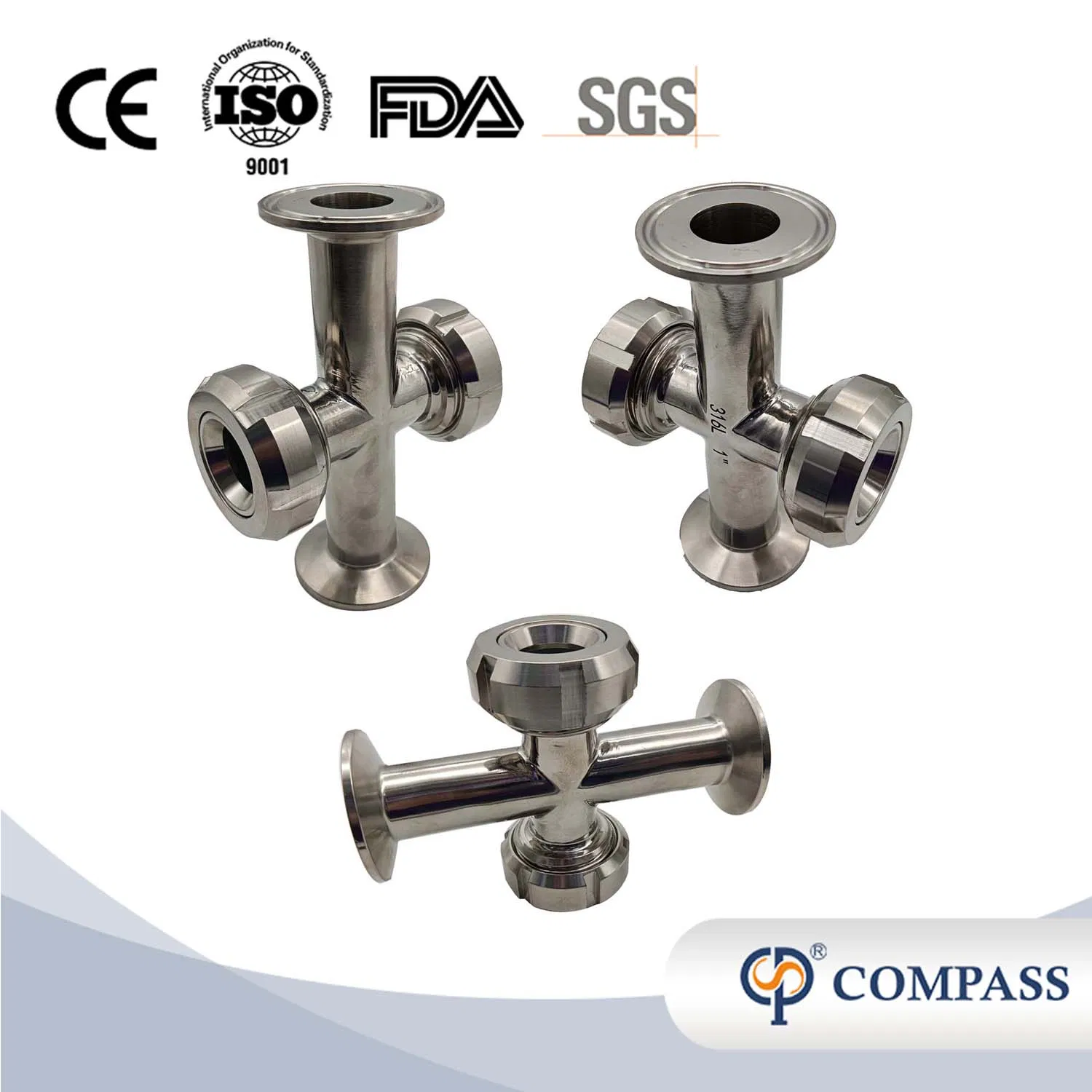 DN80 SS304 SS316L Sanitary Stainless Steel Union Type Four Way Cross Sight Glass with PTFE Gasket
