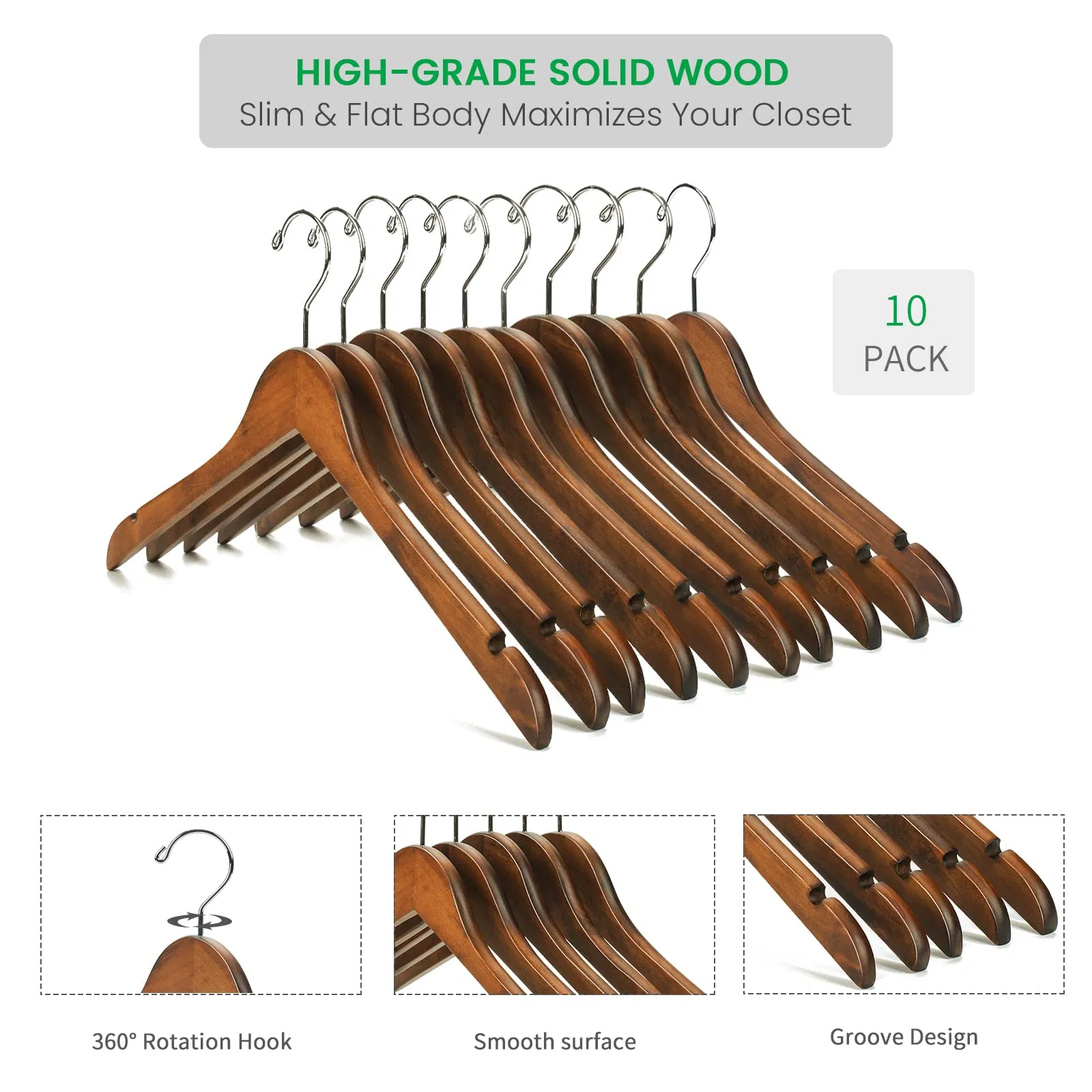 Solid Gugertree Wood Clothes Hangers Notches Anti-Rust Chrome Hook 10 PCS Retro