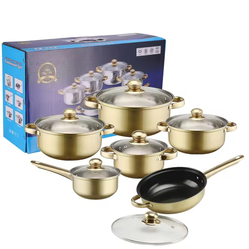 12PCS Stainless Steel Pots and Pans Gold Handle Soup Pots Cooking Pots Milk Casserole Kitchen Cookware Sets