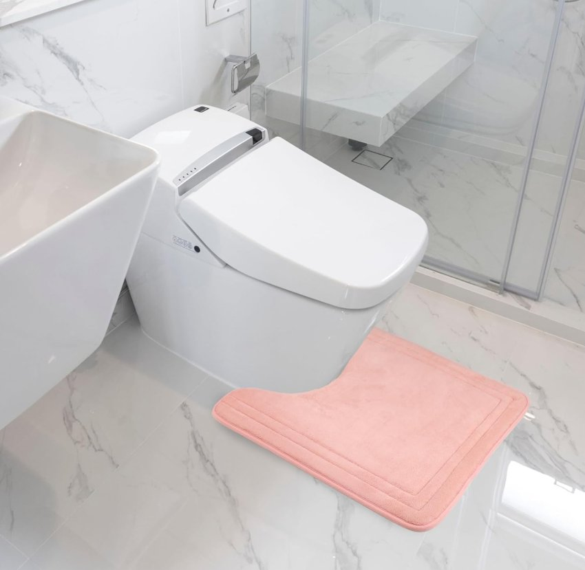 Pink Non Slip Bathroom Rug Set Memory Foam Bath Mat and U-Shaped Contour Toilet Rug