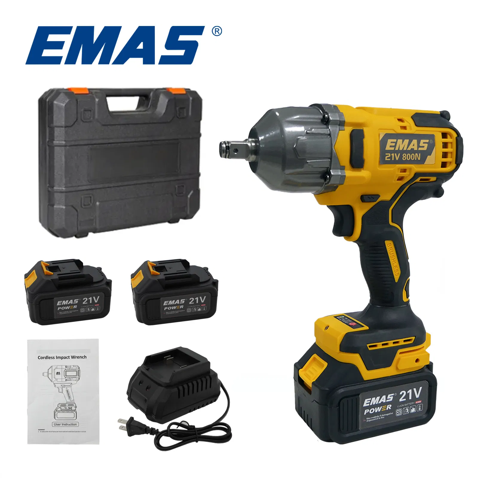 Emas Cordless Battery Impact Wrench 800n. M Torque Wrench with 21V 4ah Lithium Battery for Car Repair Home Use