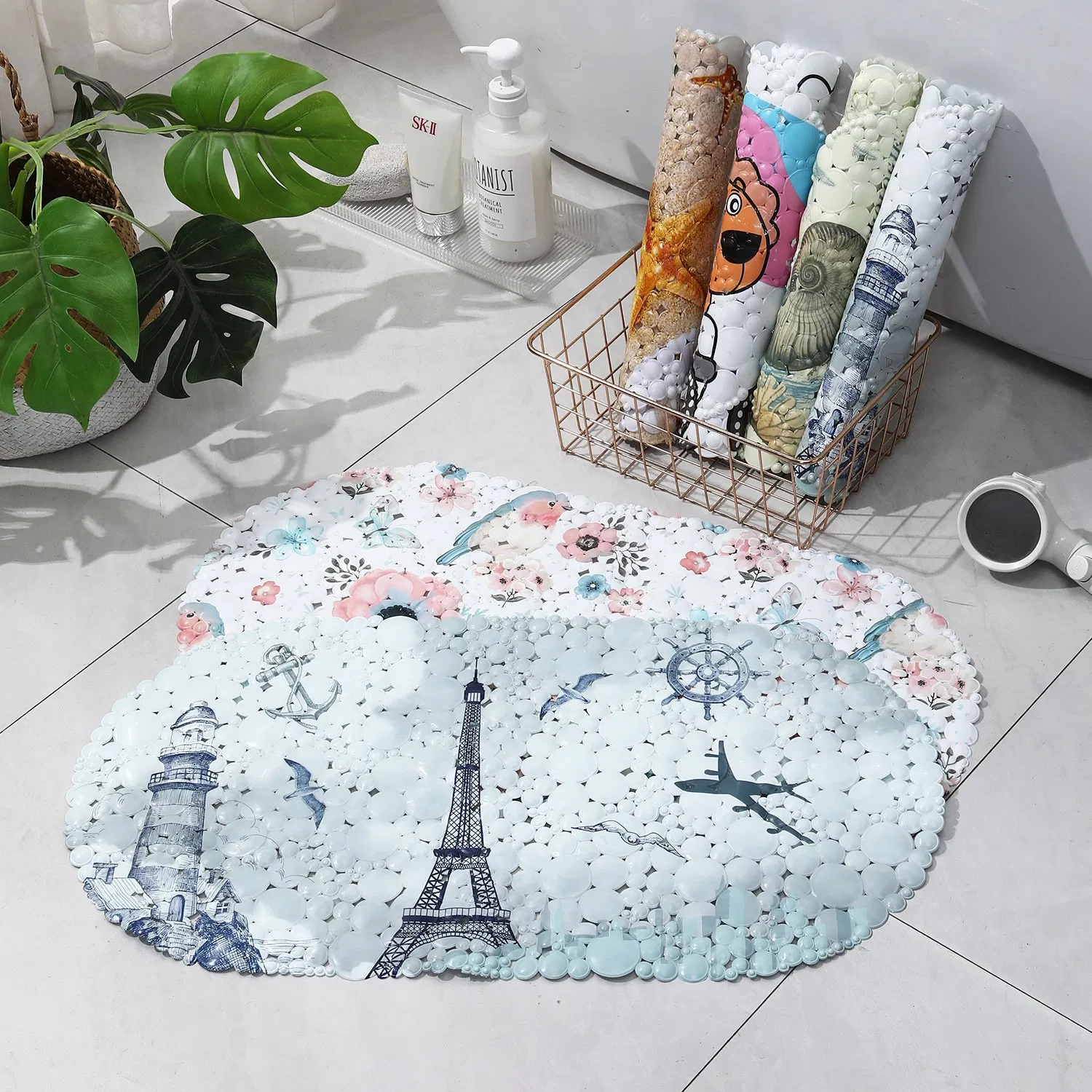 Flowers Anti-Slip Suction Bathroom Mat Customized Pattern Waterproof PVC Bath Mat