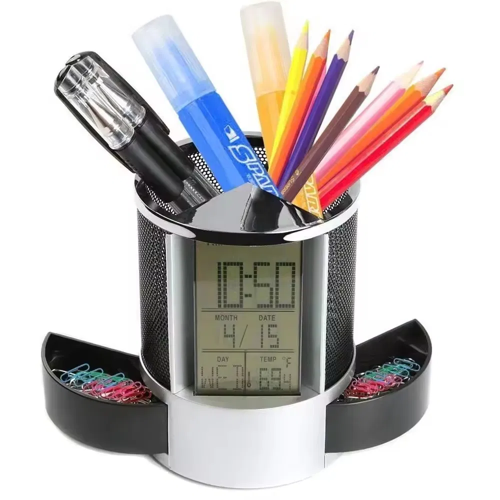 Table Alarm Clock Time Temperature Display Pen Holder Office Desk Electronic Calendar Clock