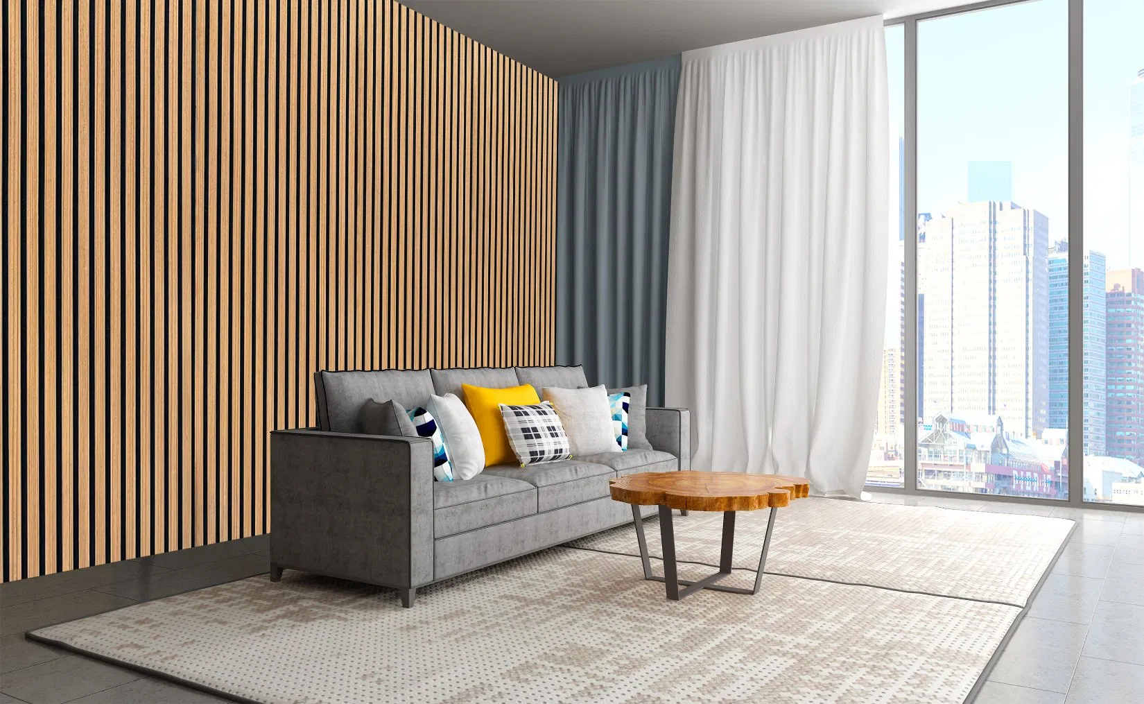 Elegant Slat Wood Acoustic Panels for Stylish Living Rooms