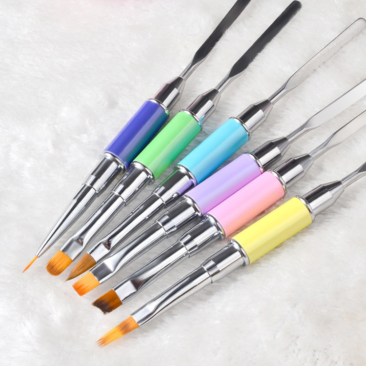 Nail Supplies Wholesale 2 Way Manicure Tool Stainless Steel Nylon Hair Nail Painting Brush UV Gel Nail Brush for Nail Tips Extension Building