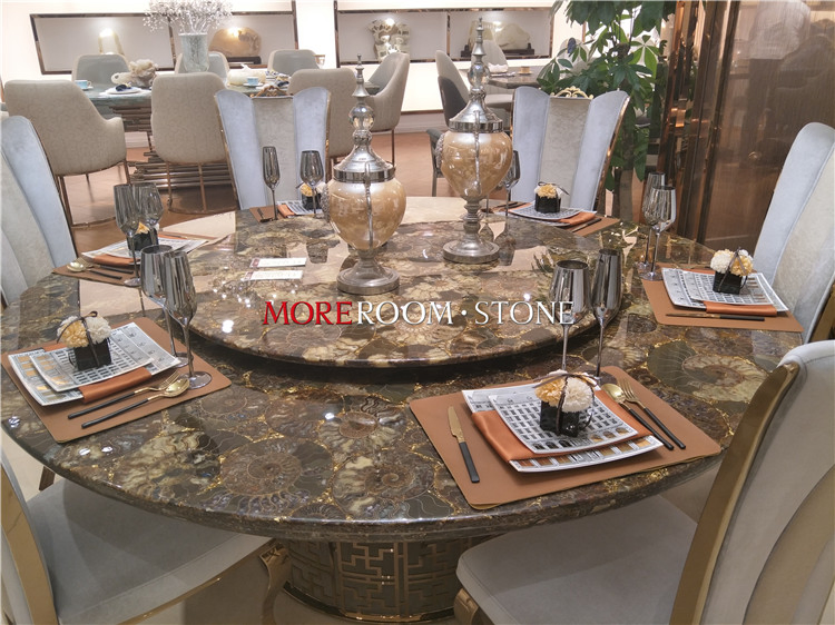 Luxury Villa Decor European Style Italian Custom Round Rectangle Brown Ammonite Sea Shell Fossil Nautilus Gemstone Dining Countertop