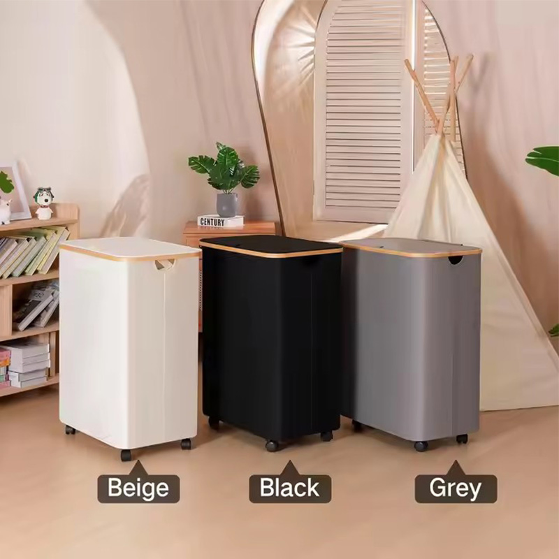 Fabric Canvas Storage Bag Bamboo Foldable Laundry Basket with Wheels for Stacking Dirty Clothes