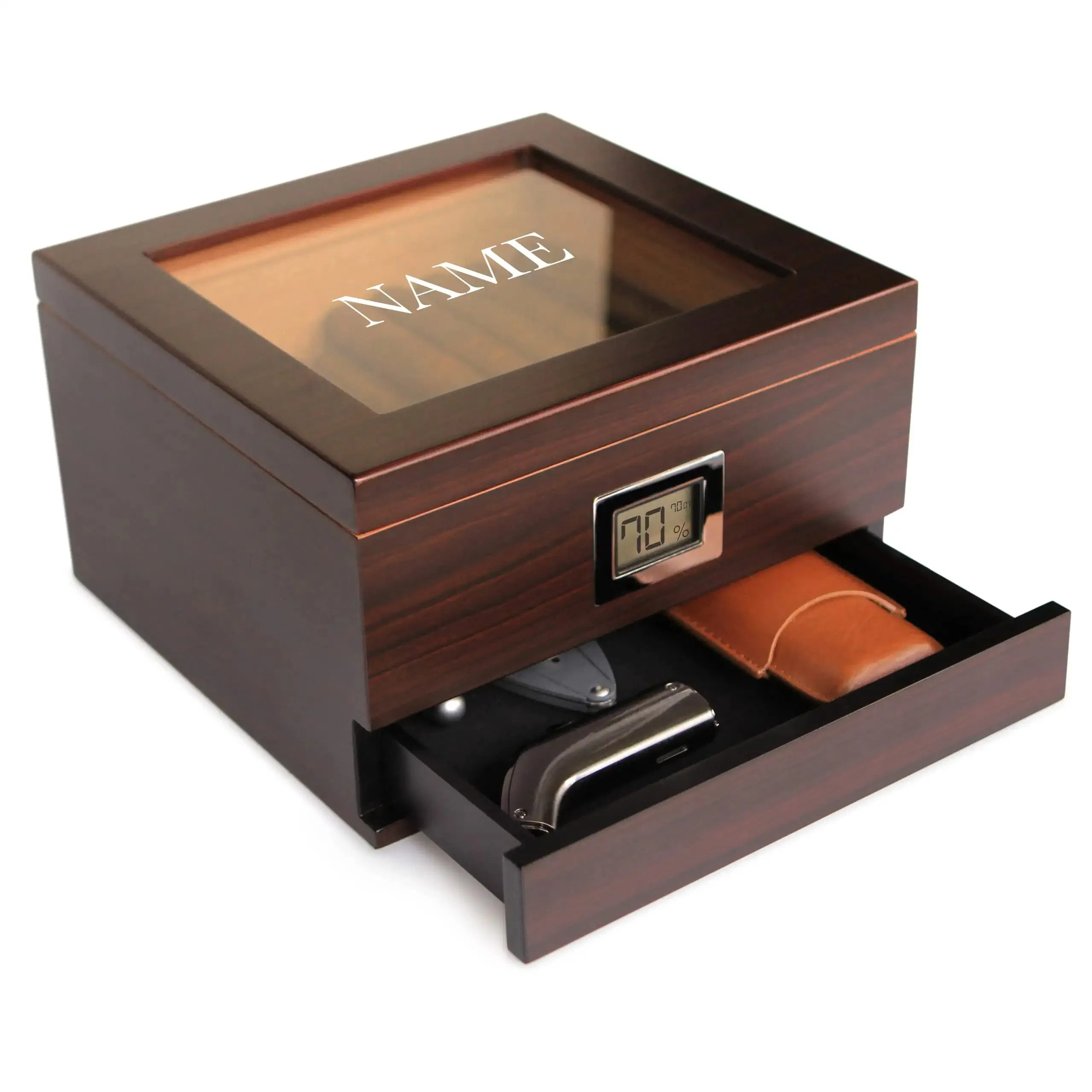 Glass Top Handcrafted Cedar Humidor with Front Digital Hygrometer