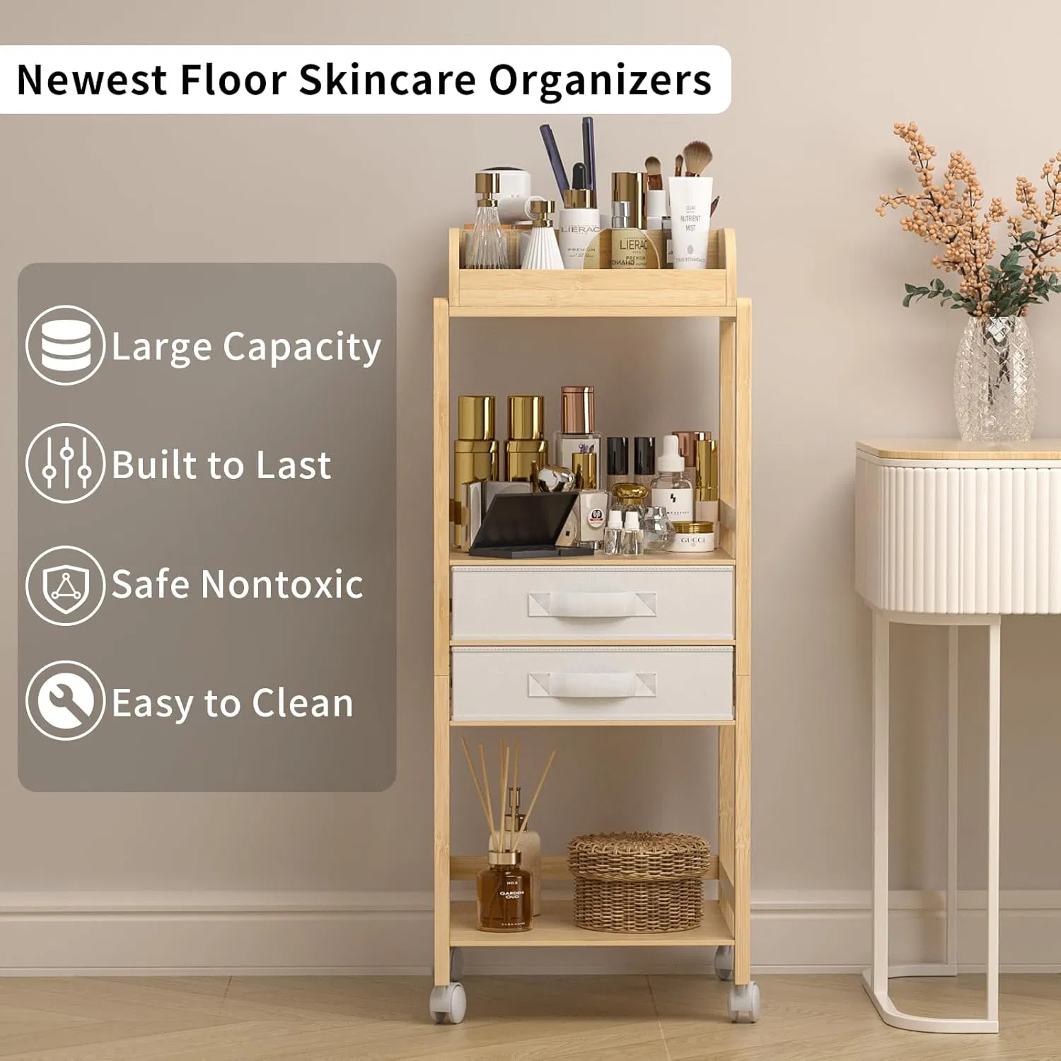 Multi Purpose Bamboo Storage Rack with Wheeled Fabric for Skincare Products