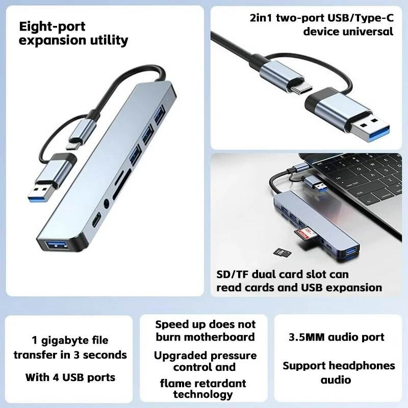 Customization Multifunction 11 in 1 Hub USB C Multiport Adapter HDTV 4K 30Hz 4 USB 3.0 Hub 3.5mm Aux 11 Port Dock Station for Laptop Splitter