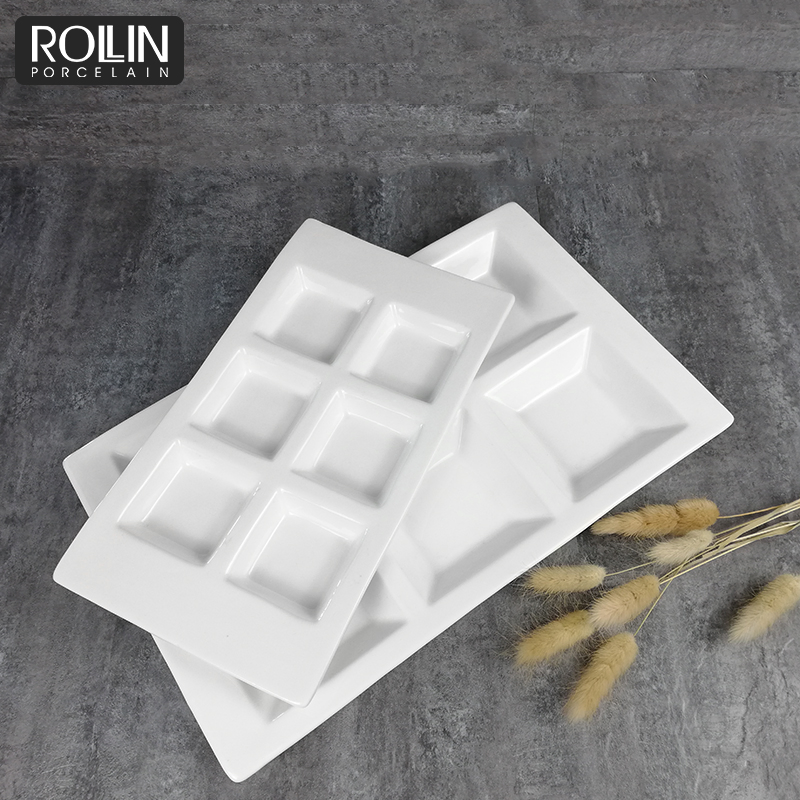 White Porcelain Divided Plates Porcelain Rectangular Snack Plate