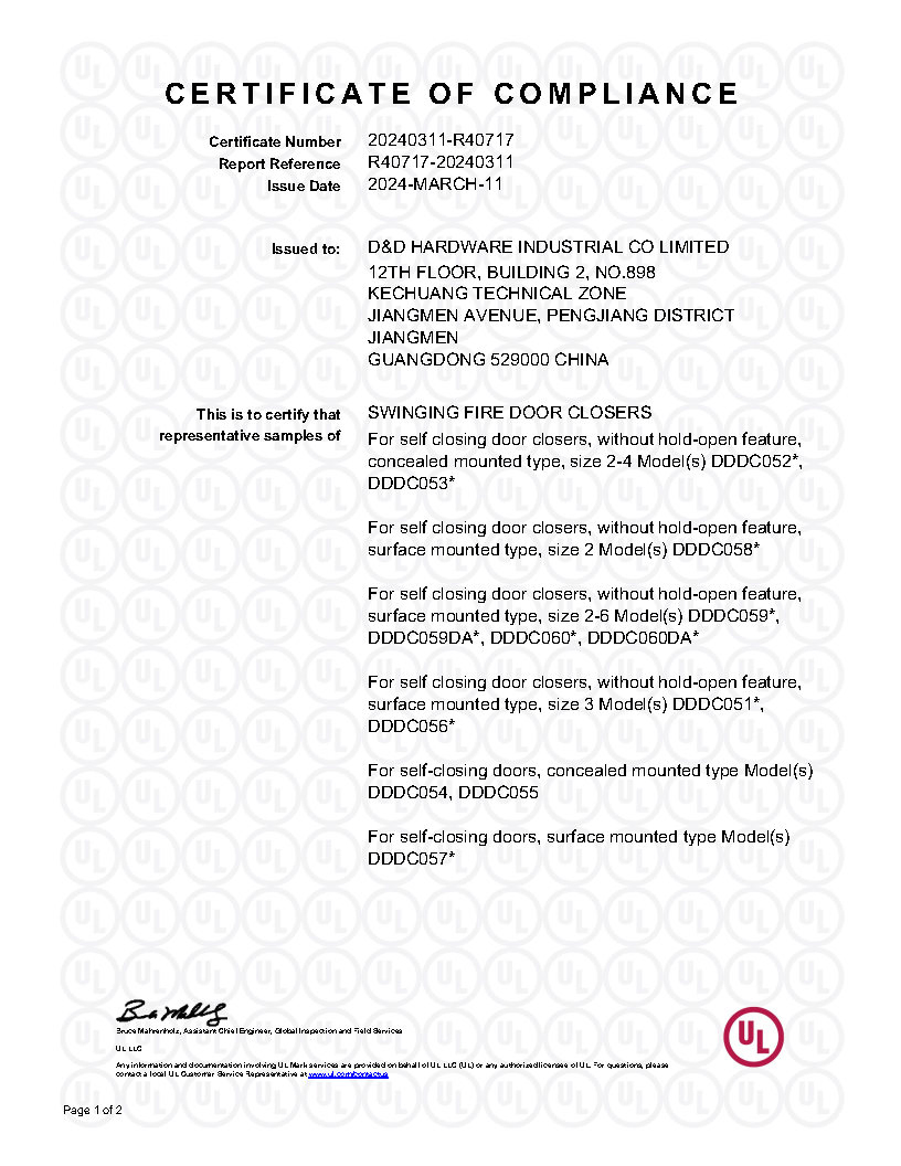 Heavy Duty UL Aluminum Hydraulic Back Check Concealed Accessories Fireproof Door Closer