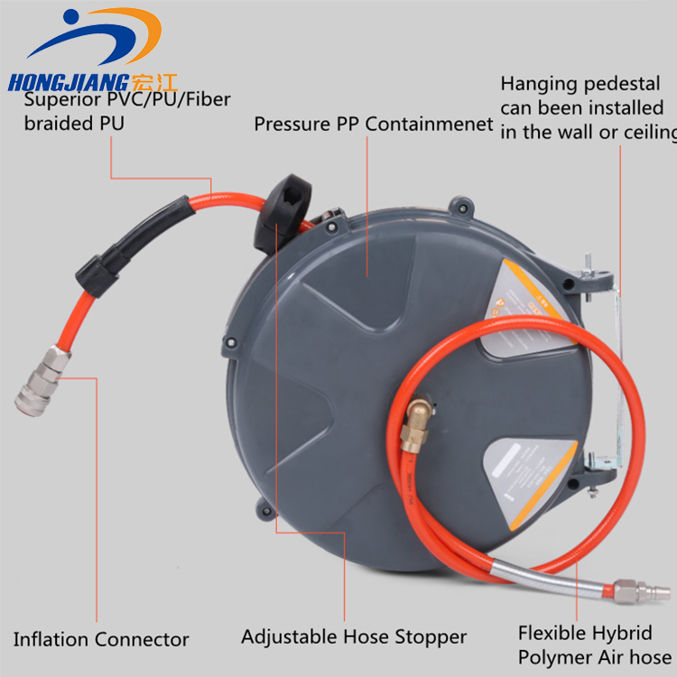 PU Mesh Pneumatic Retractable Air Hose Reel with Slow-Down Device for Optional