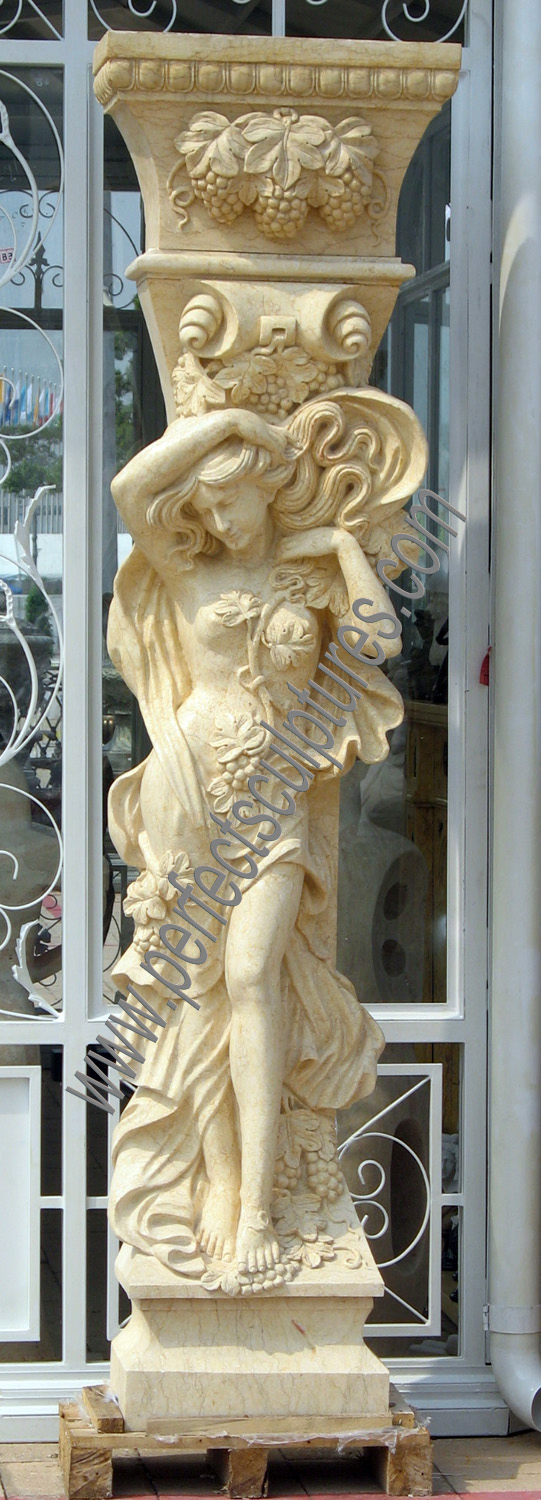 Entrance Main Gate Square Pillars Carved Stone Sculpture Columns with Marble Carving Lady Statue (QCM124AB)