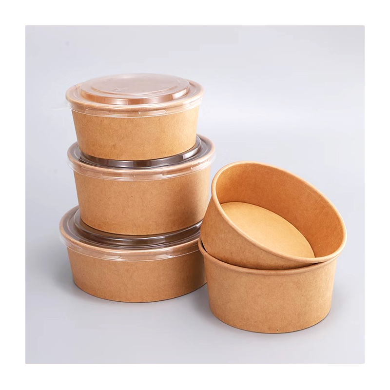 Disposable Waterproof 16oz 26oz 32oz 36oz 42oz Food Packing Take Away Containers Greaseproof Kraft Salad Paper Bowl with Lid