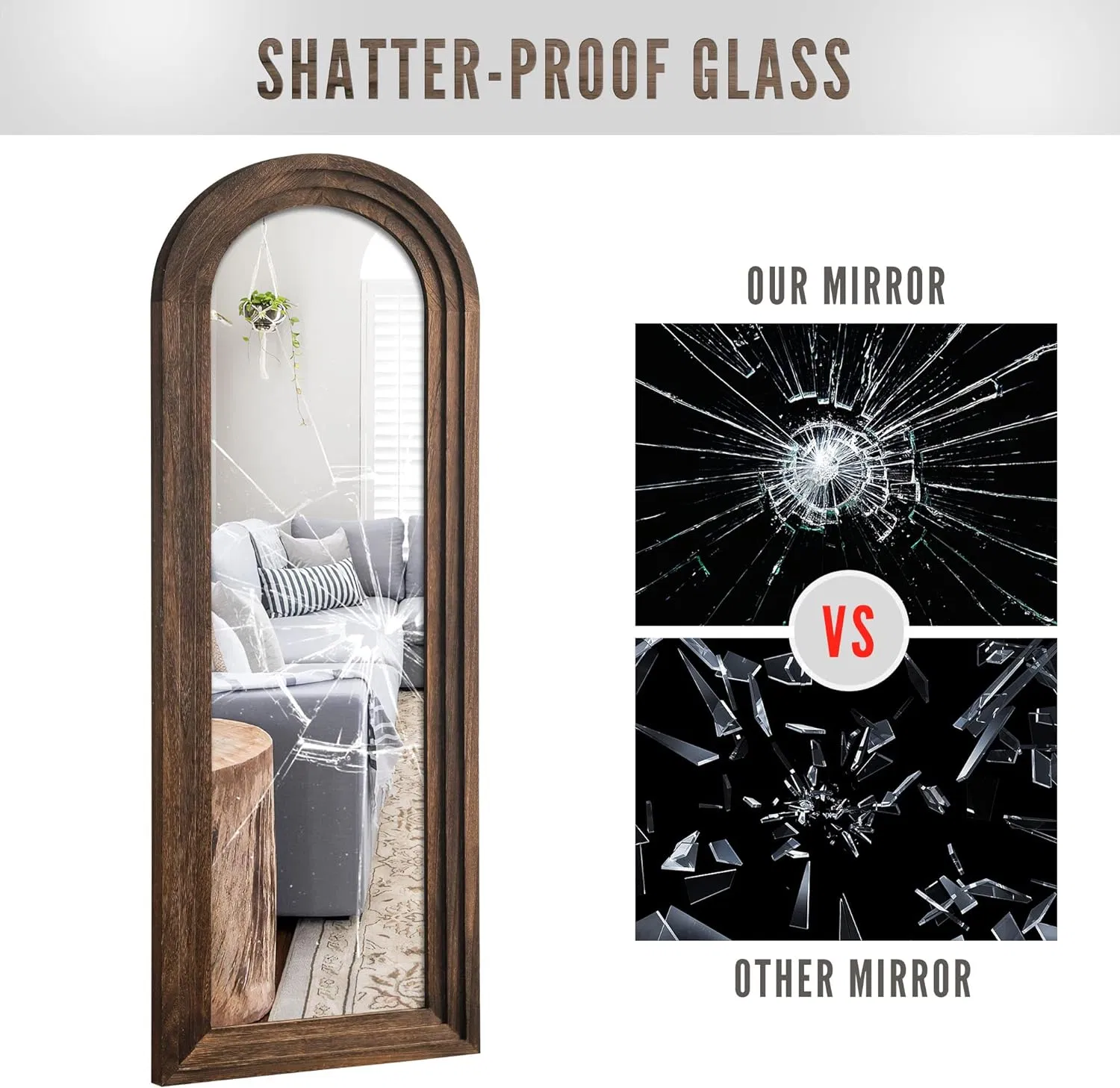 Arched Floor Mirror Wood Frame Wall Mounted Mirror Distressed Style Wide Frame Dressing Make up Mirror for Bathroom/Bedroom/Living Room/Dining Room/Entry
