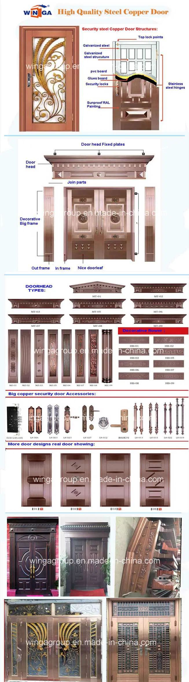 High Quality Security Metal Glass Copper Door (W-GB-19)