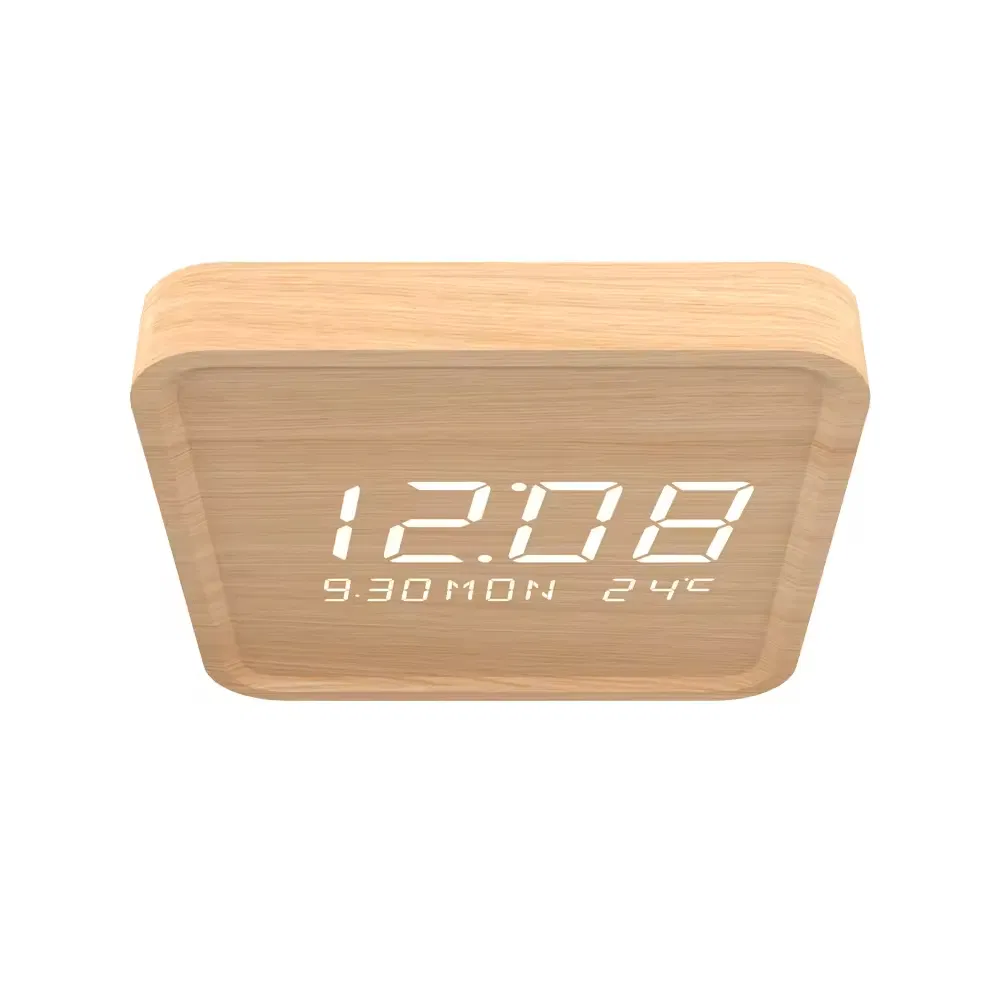 Table Clock Wall Clock Smart Table and Wall Clock Square Wooden Alarm LED Thermometer Electric Motive for Living Room Placement