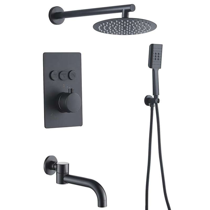 Modern Built-in Wall Mount Button Shower Faucet Set Copper Bathroom Rain Shower Head Concealed Black Shower System