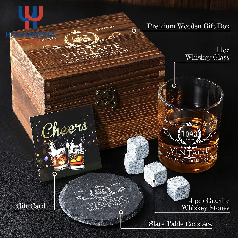 Premium Whiskey Glass Set Custom Logo Engraved Bourbon Whisky Stones and Coaster Gift Set with Wood Box for Men Present
