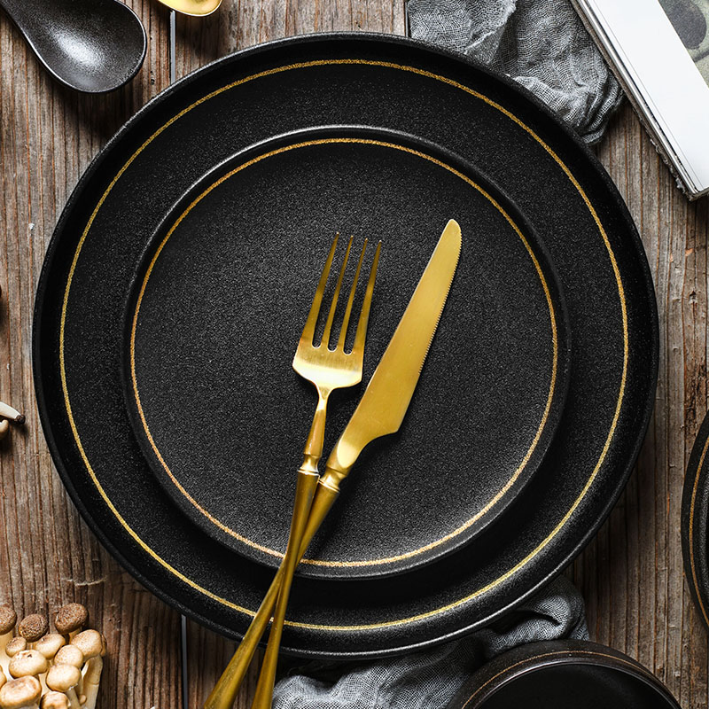 Plates Steak Ceramic Round Dish Black Cast Iron Dinner Plates for Restaurant