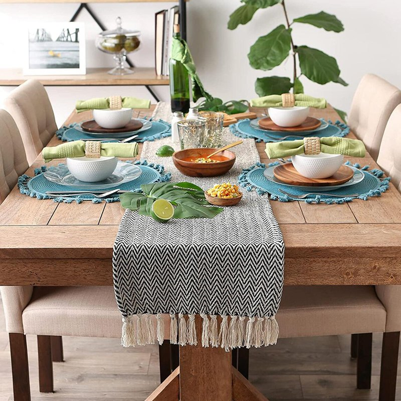 Cotton Linen Braided Vintage Woven Farmhouse Table Runner Decorations with Tassel
