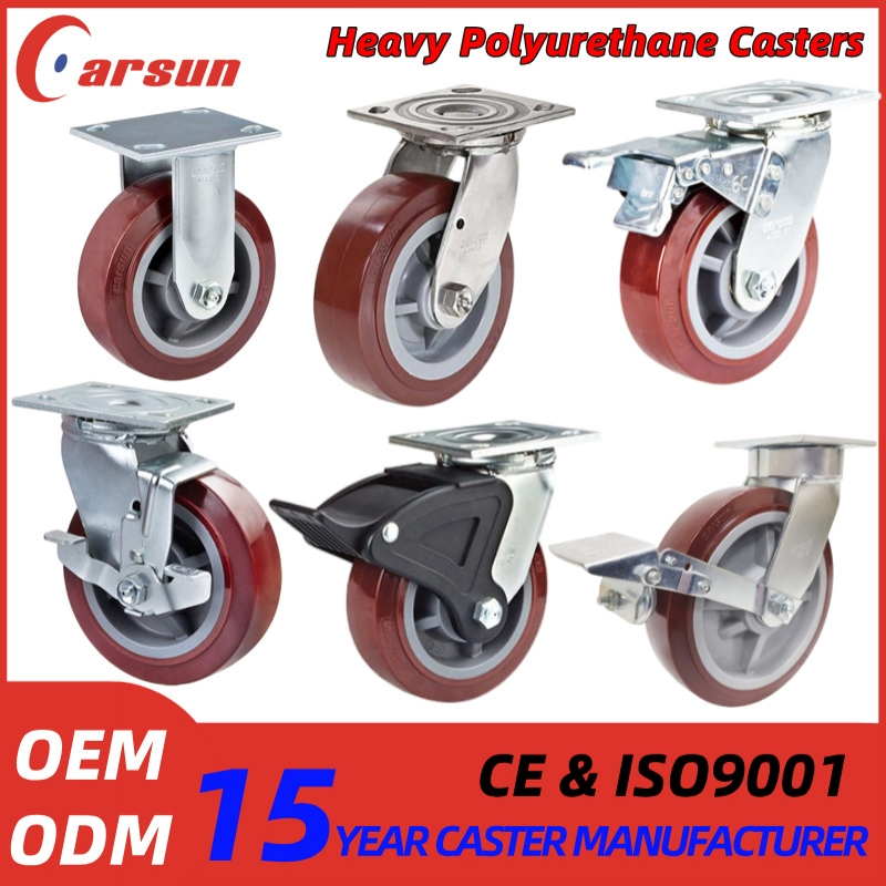 100/125/150/200mm Casters Heavy Duty 4/5/6/8 Inch Caster Swivel PU Industrial Castor Wheel with Metal Brake