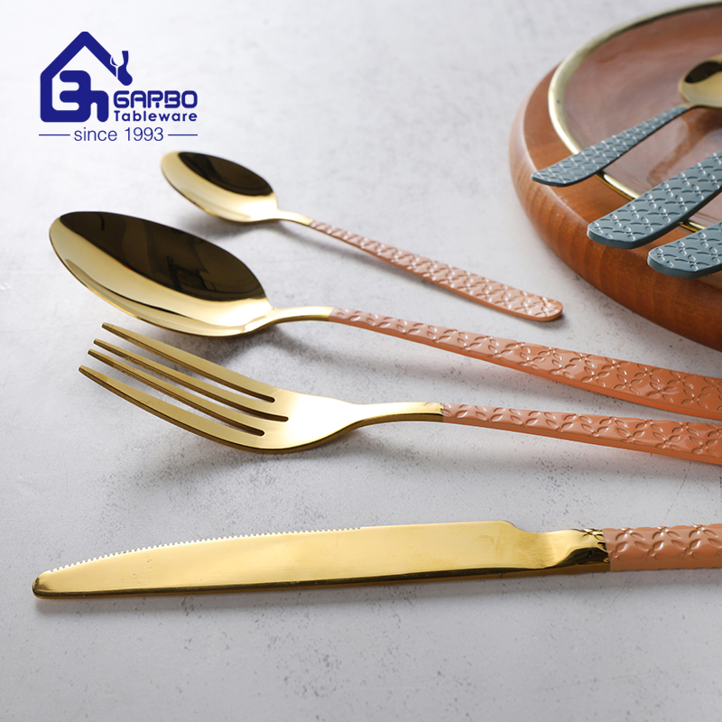 Golden Rose Dinner Knife Set Stainless Steel Table Knives Customized Cutlery Set Flatware Colored Stainless Steel Knives with Pink Handle