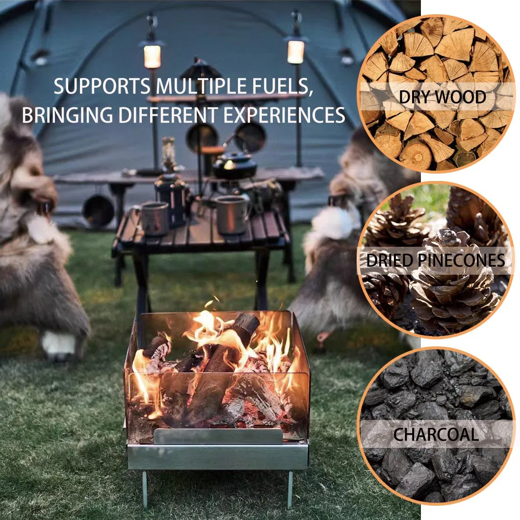 Fire Pit New Four-Sided Glass Stainless Steel Foldable Portable Fire Pit