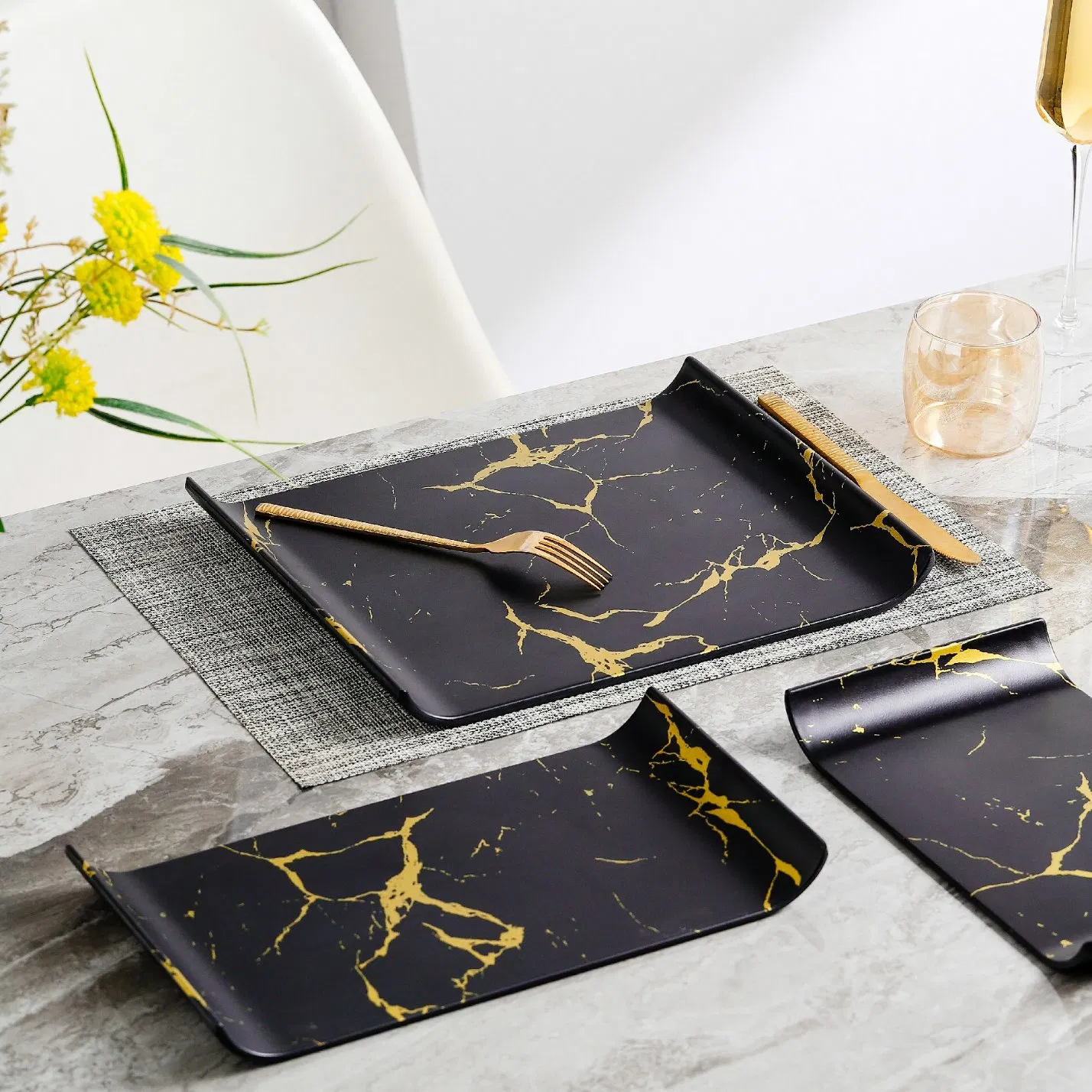 Wholesale Luxury Nordic Melamine 12PCS Tableware Set Restaurant Home Plastic Dinner Set Marbling Tableware Sets