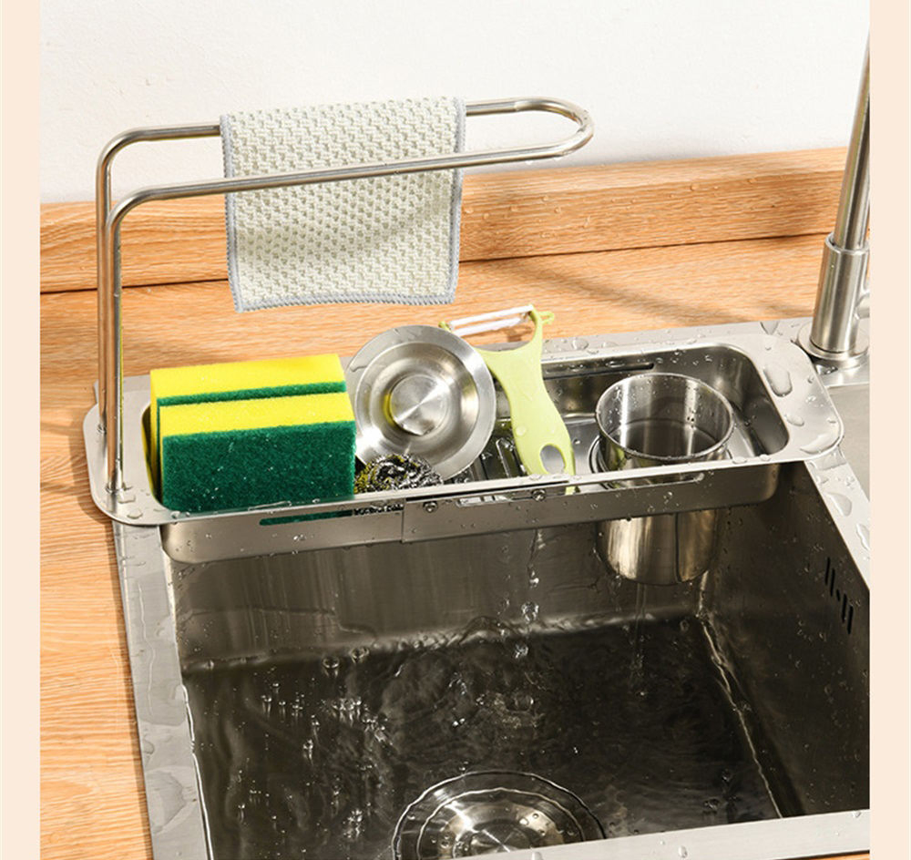 Stainless Steel Kitchen Retractable Drain Rack Dishwashing Basin Drain Basket Sink Filter