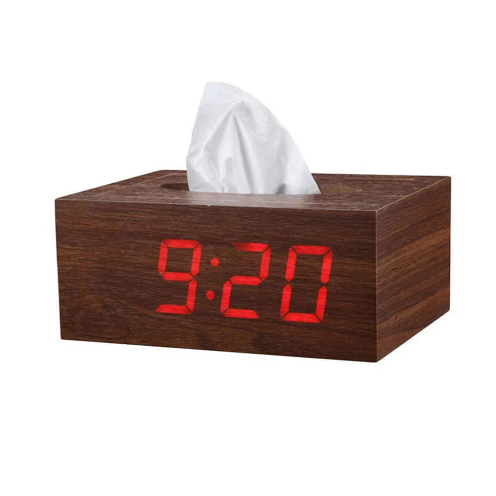 Desktop Wood LED Alarm Clock Temperature Tissue Box