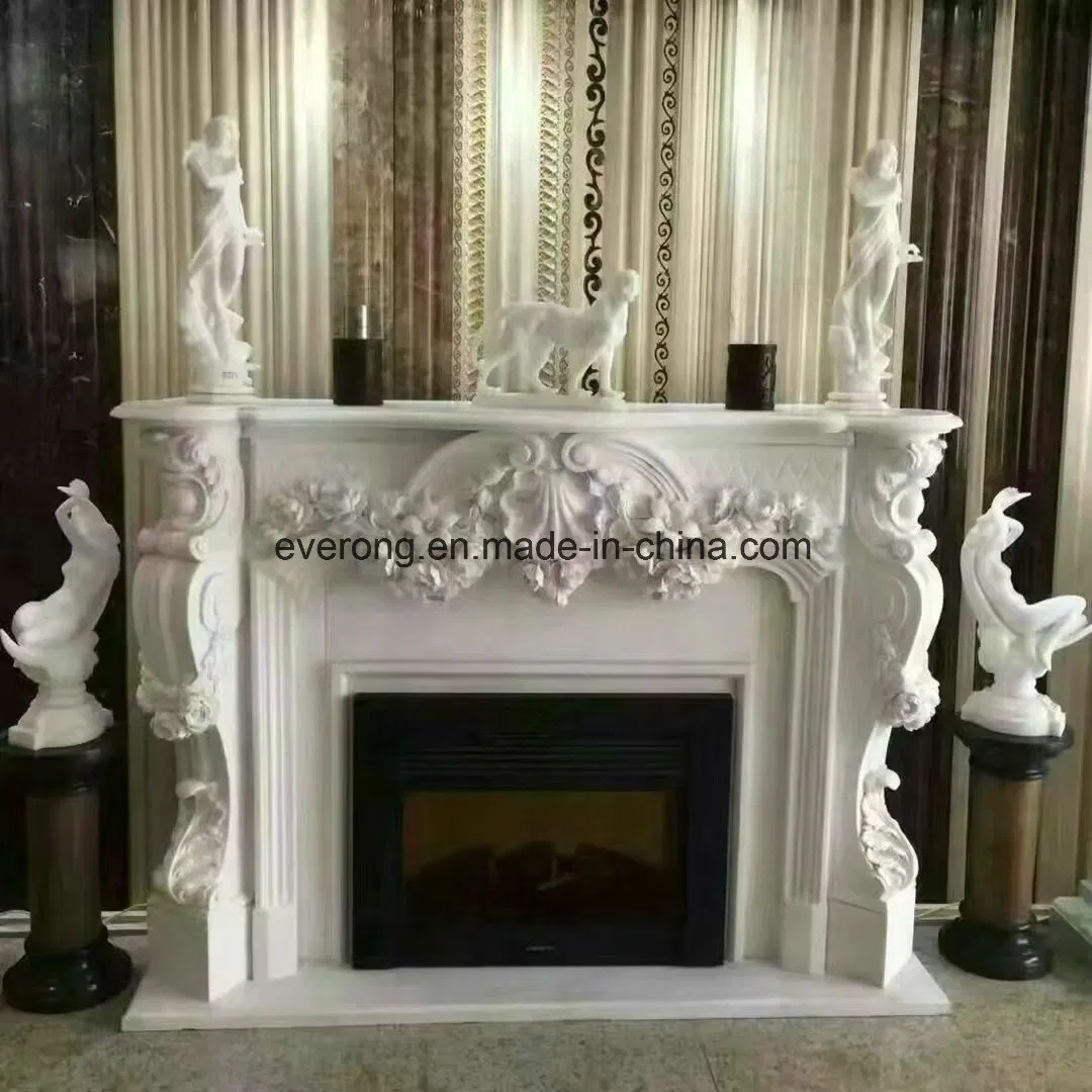 High Quality Hand Carved Western Design White Marble Fireplace for Home