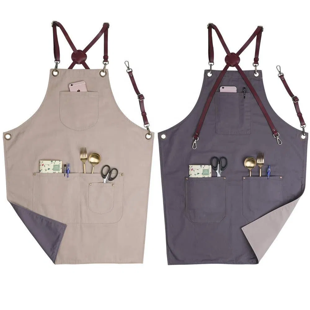 Two Tone Heavy Duty Leather Bib Apron for Barbers Service Industry Two-Sided Two-Color Fashionable Work Tool Cotton Cross Back