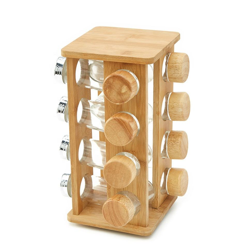 Kitchen Accessories 16 Filled Bottle Rack Rotation Spice Organizer for Countertop Revolving Bamboo