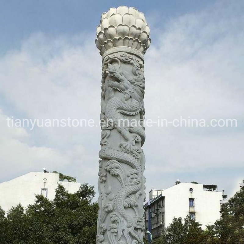 Hand Carved Large Chinese Style Marble Dragon Column Pillars Outdoor